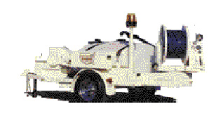 White utility trailer with a mounted reel and a yellow warning light on top, often used in blocked areas or for access control.